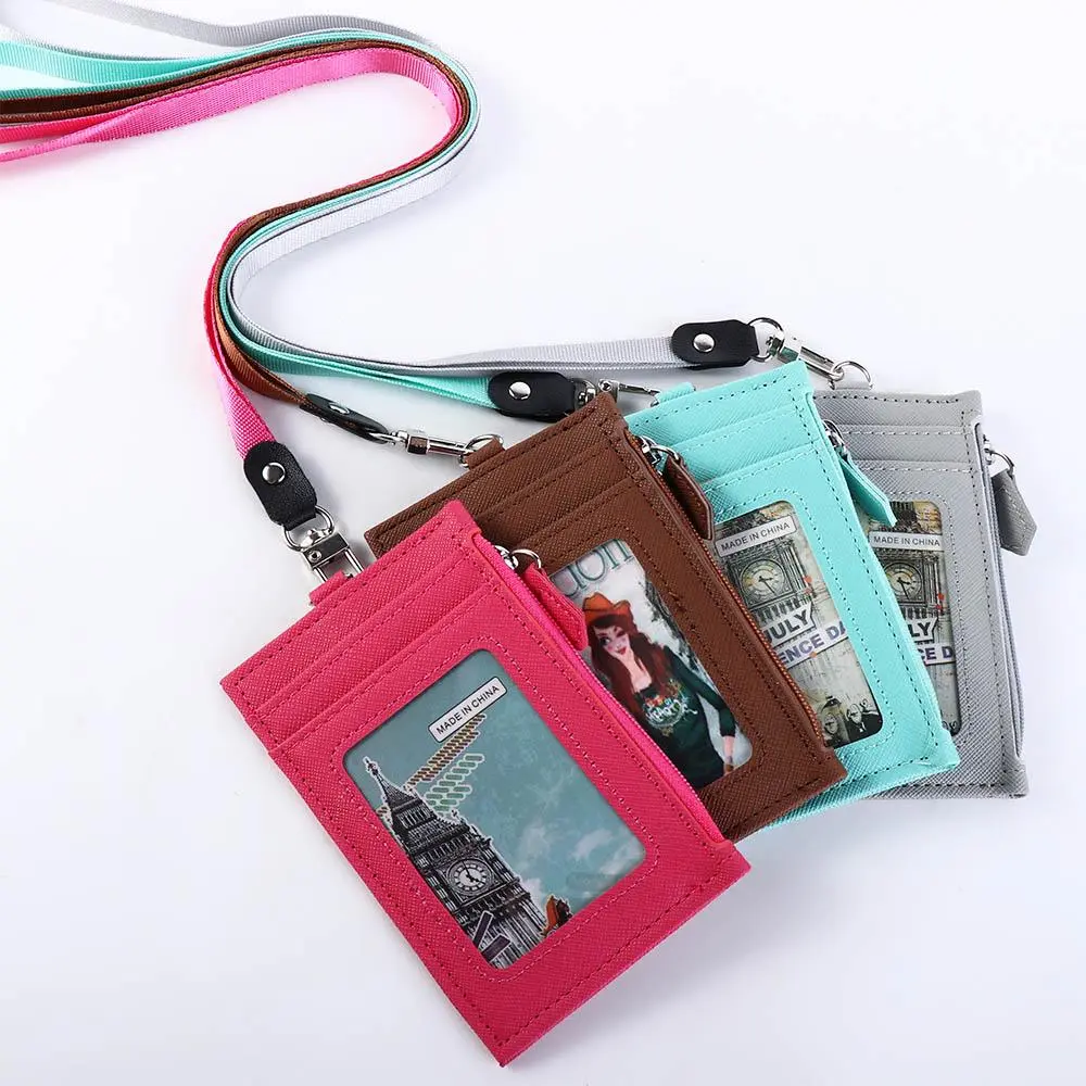 PU Leather Men Mini Wallet Office School Supplies Business Student ID Card Holder with Lanyard Badge Holder Coin Purse Bus Cards Cover