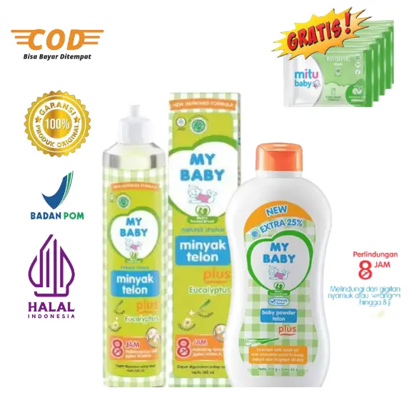 PROMO TERMURAH PAKET MINYAK TELON MY BABY, BEDAK TABUR BAYI /ANAK, BABY OIL ORIGINAL ,HALAL,AMAN BPOM GRATIS TISSUE UK. 30,60,90,150 ML. 0