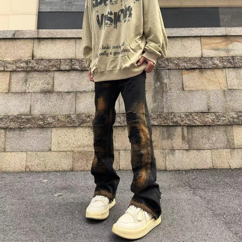 Quần Dài Bò Hơi Ống Loe, Phong Cách Đường Phố Cao Cấp Mỹ, Vá Vết Xước Và Mặc Vết Xước, Dành Cho Nam Và Nữ, Thương Hiệu Hợp Xu Hướng, Dáng Rộng Vừa Vặn, Bó Sát, Quần Sờn