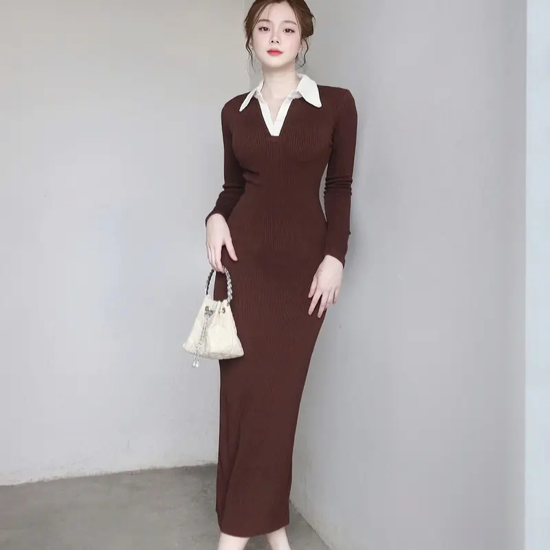Đầm Nữ Cổ Trụ Phối Màu Tay Dài Chất Len Tăm Co Giãn KA11  Women 5
