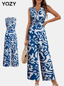 YOZY Women's All Over Print Wrap Tank Jumpsuit, Casual Sleeveless Jumpsuit for Daily Wear, Ladies Clothes for All Seasons