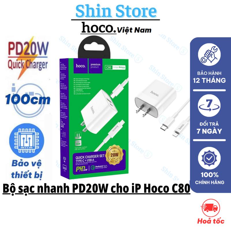   C80  Bộ sạc nhanh PD20W cho iP 8 đến 14promax sạc 30p đầy từ 0-50% pin chính hãng Hoco C80 - Shin Store Phụ Kiện Phone 