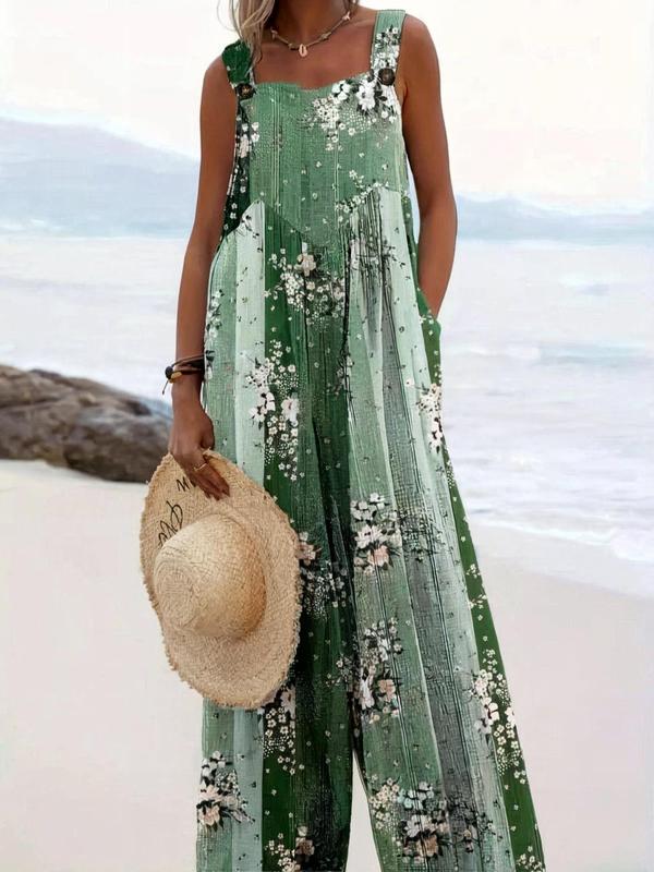 【Plus Size】 All Over Floral Print Button Design Overall Jumpsuit, Casual Boho Sleeveless Wide Leg Jumpsuit for Beach Holiday Vacation, Women's Clothes for Summer, Bohemian Womenswear 1