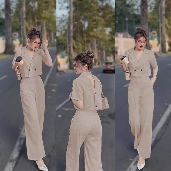 Sét Vest Nữ Áo Croptop Cổ Bẻ Khoét Hở Lưng Kèm Quần Dài Ống Suông Thanh Lịch Phù Hợp Đi Tiệc Đi Làm