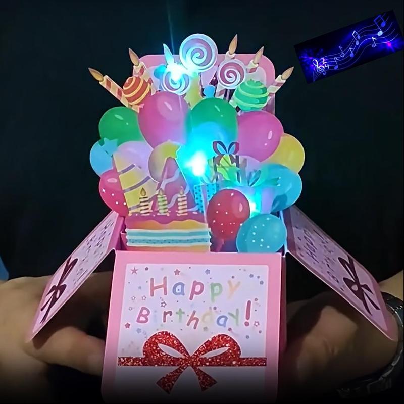 Product Introduction of 3D Birthday Music and Lighting Greeting Card Box, 1 Count Happy Bithday Music Greeting Card with Envelope and Message Card, Surprise Birthday Gift 5