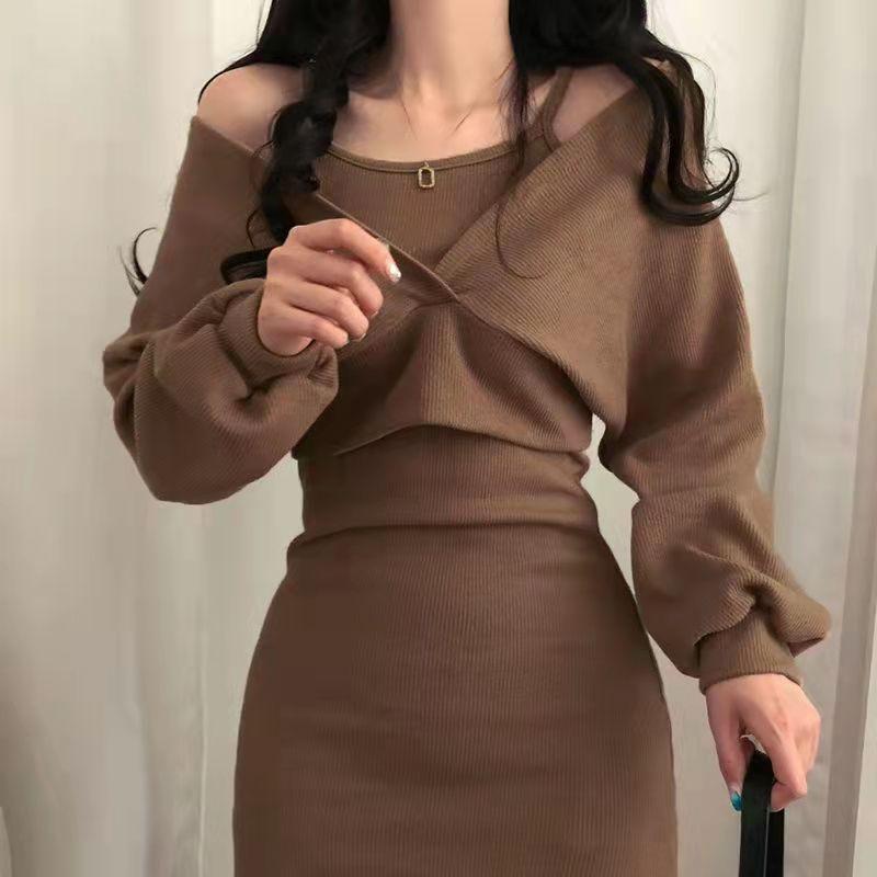 Product Introduction of 2024 Autumn and Winter New French Style Temperament Suspender Skirt + Blouse T-shirt Long Sleeve Suit Female Slim Solid Color Dress Hot Sale 36
