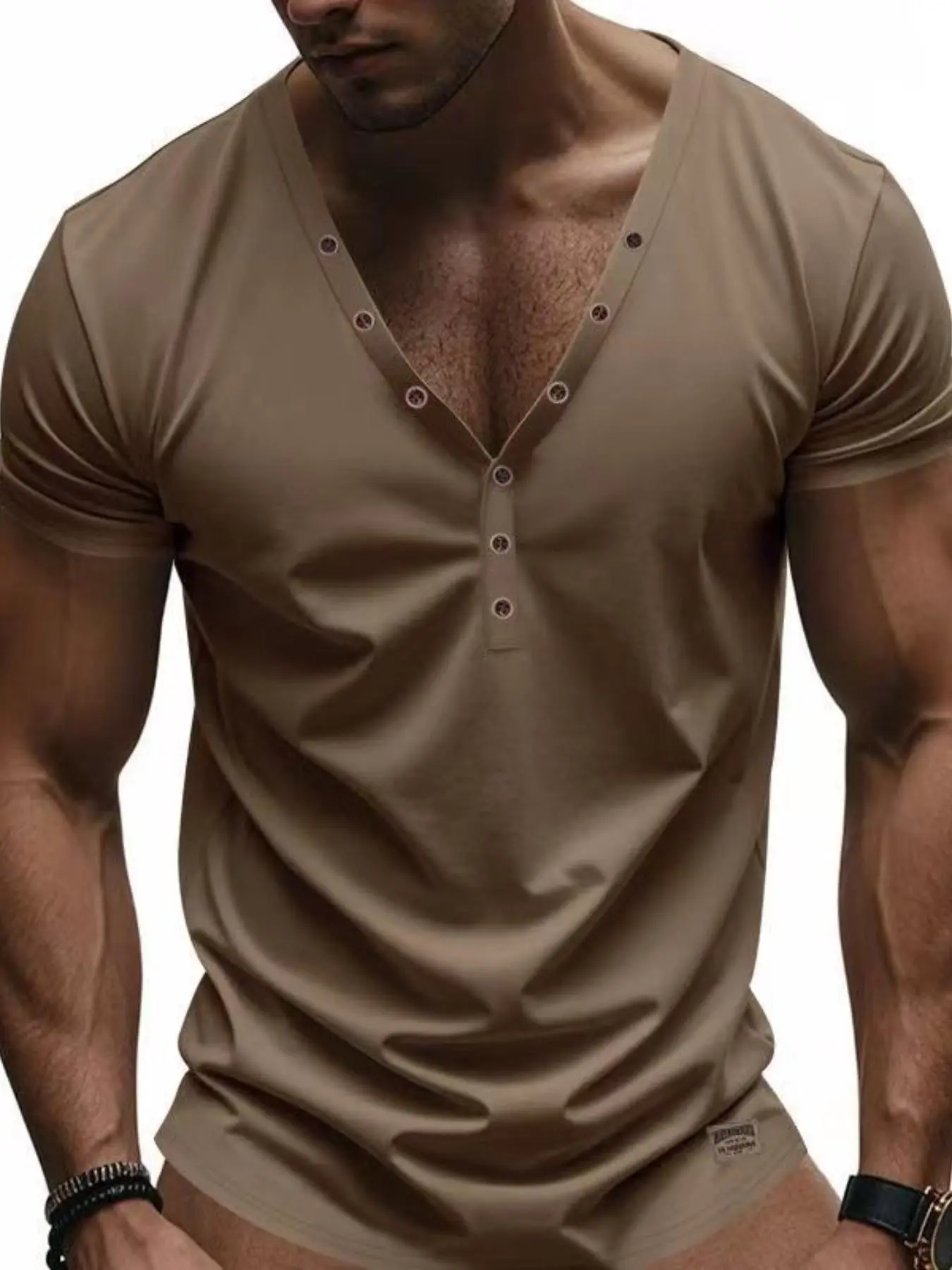Men's Solid V Neck Polo Shirt, Regular Fit Casual Short Sleeve Button Top for Summer, Fashion Men's Clothes for Daily Wear