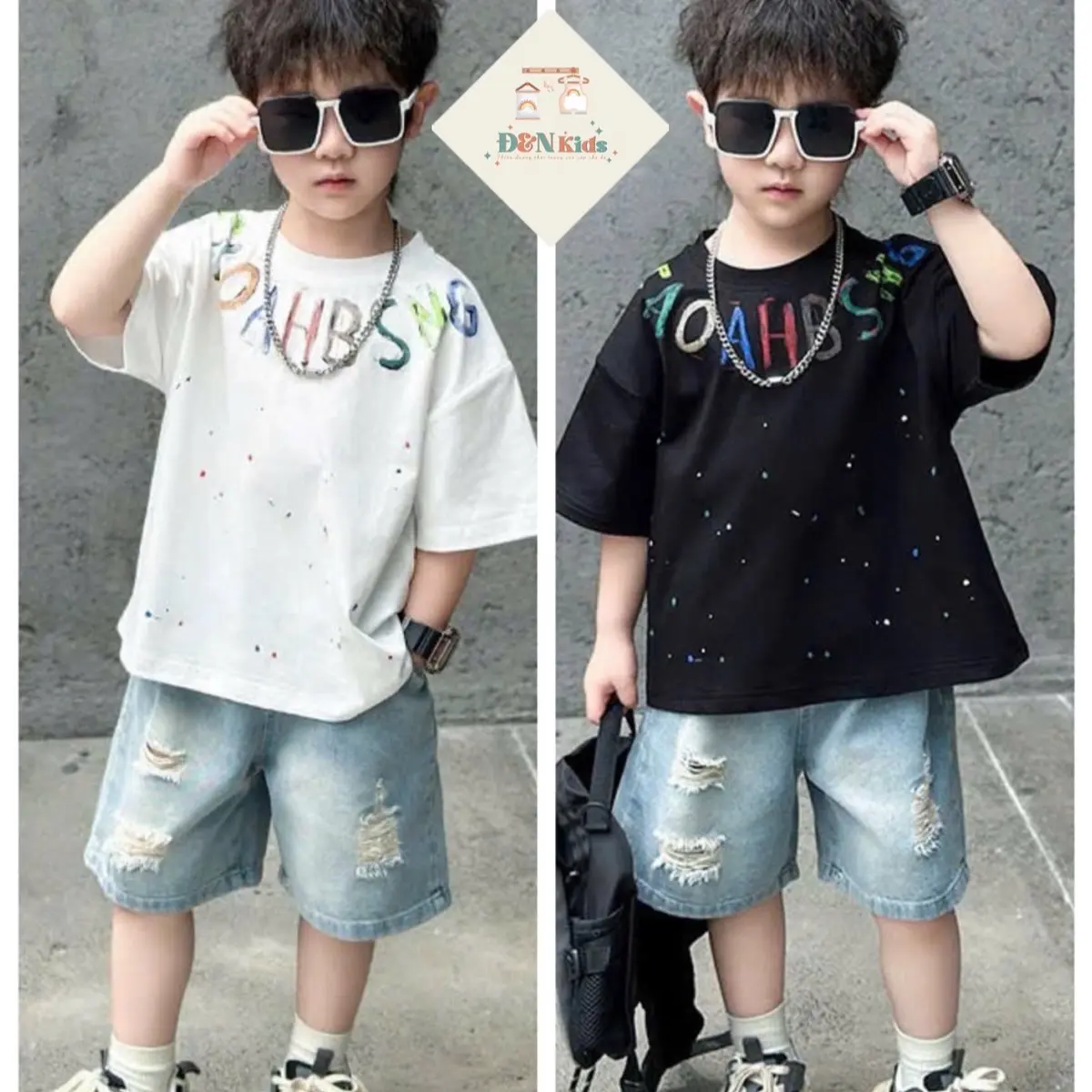 043 - Đ&Nkids - SÉT QUẦN NGỐ BÒ ÁO COTTON CỔ TRÒN BÉ TRAI CAO CẤP