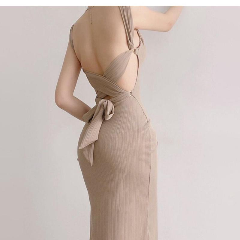 Product Introduction of Elegant back-cropped bodycon dress with waist tie long sleepveless gown for women 4
