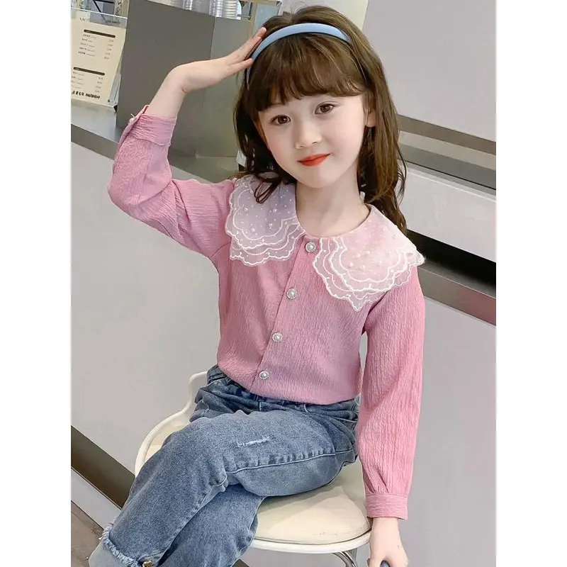 Áo Sơ Mi Quần Áo Mùa Xuân Cho Bé Gái, Phong Cách Phương Tây, Dài Tay, Cổ Bẻ Áo, Đáy Cánh Hoa, Thích Hợp Cho Bé Gái, Hàng Mới Về Năm 2024, Áo Sơ Mi Mùa Xuân Và Mùa Thu 1