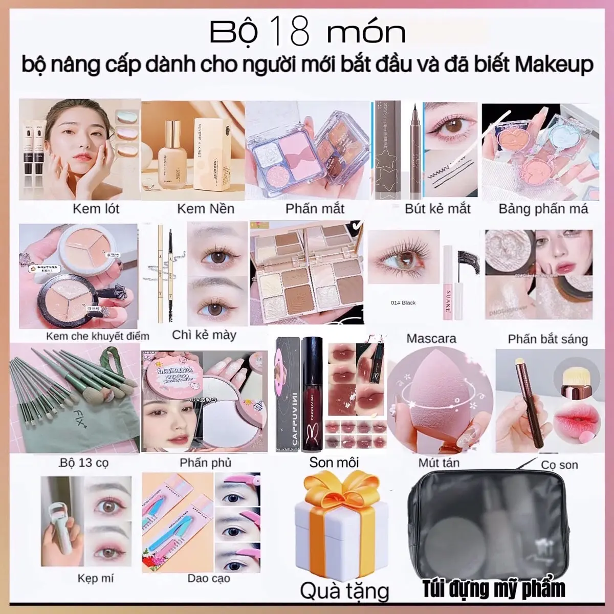 [HOT] Bộ trang điểm đầy đủ chính hãng XIXI 18 món phiên bản nâng cấp phù hợp cho cả người mới học makeup và người đã biết makeup gồm có kem lót,kem nền,phấn phủ,phấn má,phấn mắt...tạo khối masscara,son môi Nữ