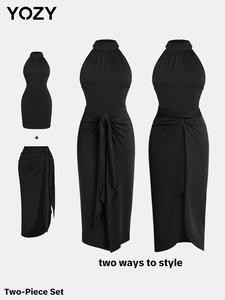 YOZY Women's Solid Halter Neck Dress & Cover Up Skirt Two-piece Set, Casual Fashion Cozy Two Piece Outfits for Daily Outdoor Wear, Ladies Clothes for All Seasons