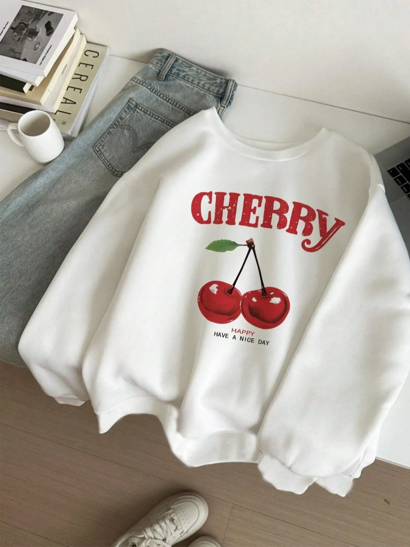 Women's Cherry & Letter Print Drop Shoulder Sweatshirt, Casual Long Sleeve Round Neck Pullover for Fall & Winter, Comfort Crewneck Tops, Women's Clothes for Daily Wear,  Cherry Cloths