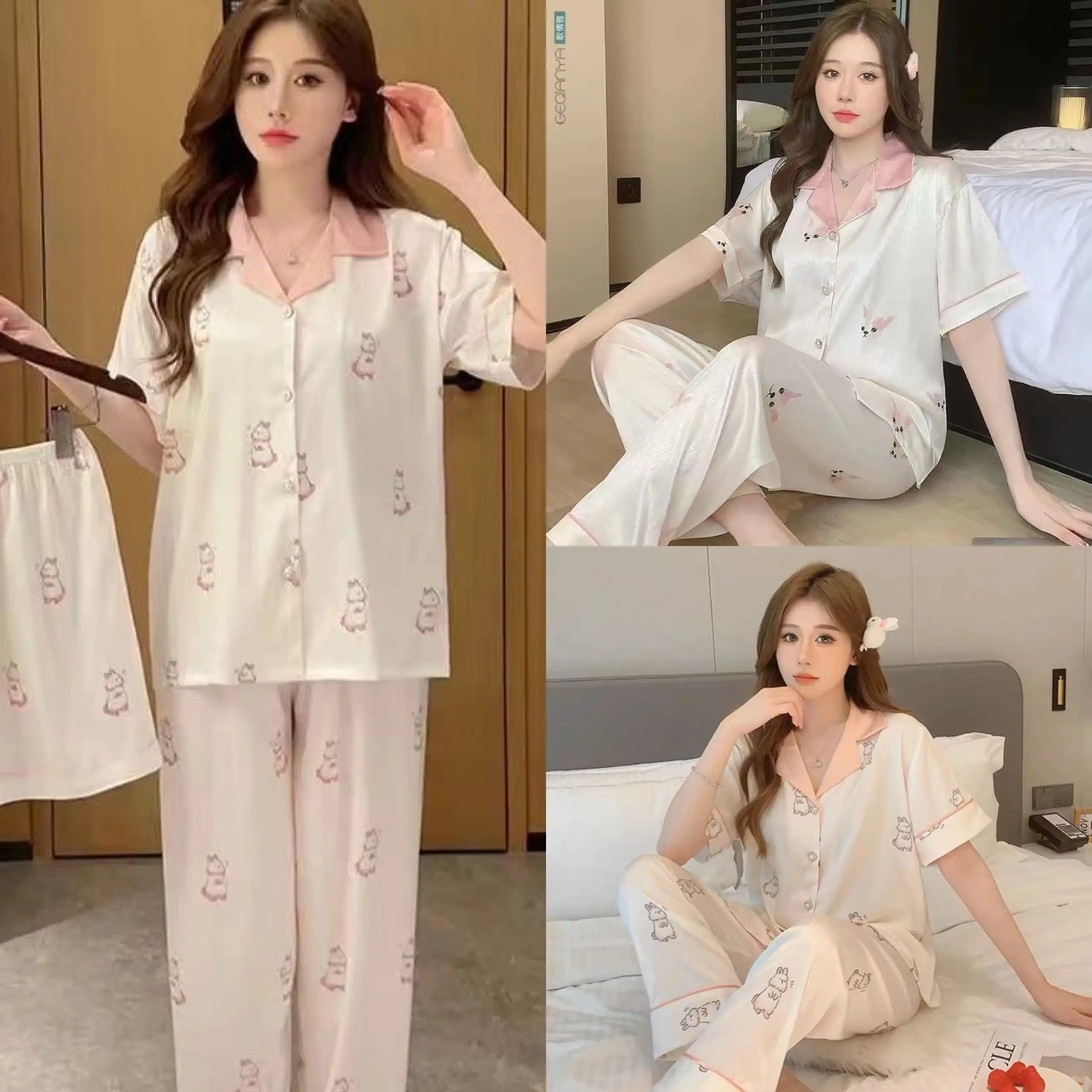 Bộ pyjama cộc tay quần dài hoạ tiết dễ thương, Bộ đồ ngủ nữ lụa xước cao cấp sang chảnh BN27 Women Pijama Nhung