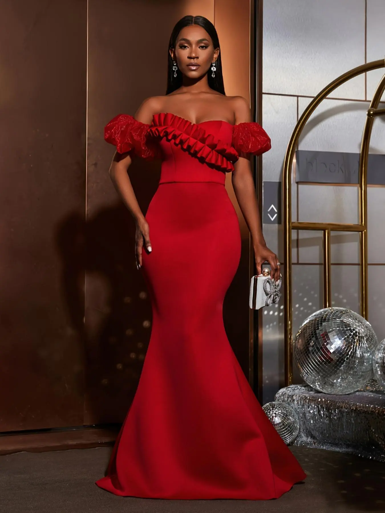 Women's Off The Shoulder Ruffle Trim Mermaid Evening Dress, Elegant Puff Sleeve Backless Maxi Party Gown, Ladies Clothes for All Seasons