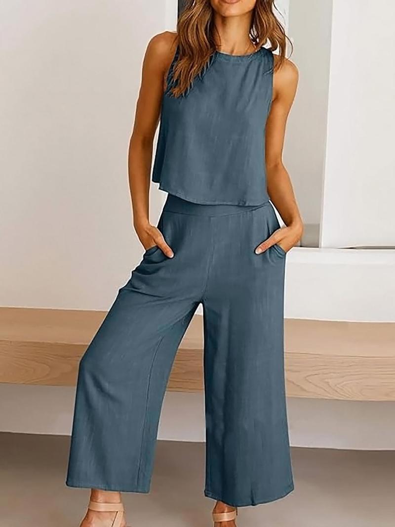 Product Introduction of Two-Piece Set Women's Solid Sleeveless Buttons Tank Top & Elastic Waist Wide Leg Capri Pants Set, Summer Outfits 2024, Casual Round Neck Top & Pocket Trousers Set for Summer, Ladies Clothes for Daily Wear 3