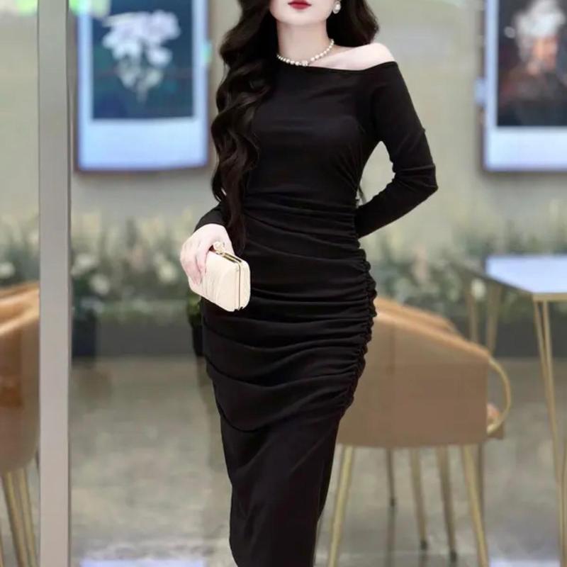 Đầm váy body nhún eo dáng dài thiết kế LỆCH  VAI  sang chảnh,ôm gọn siêu xinh Nữ Dress Đen Women