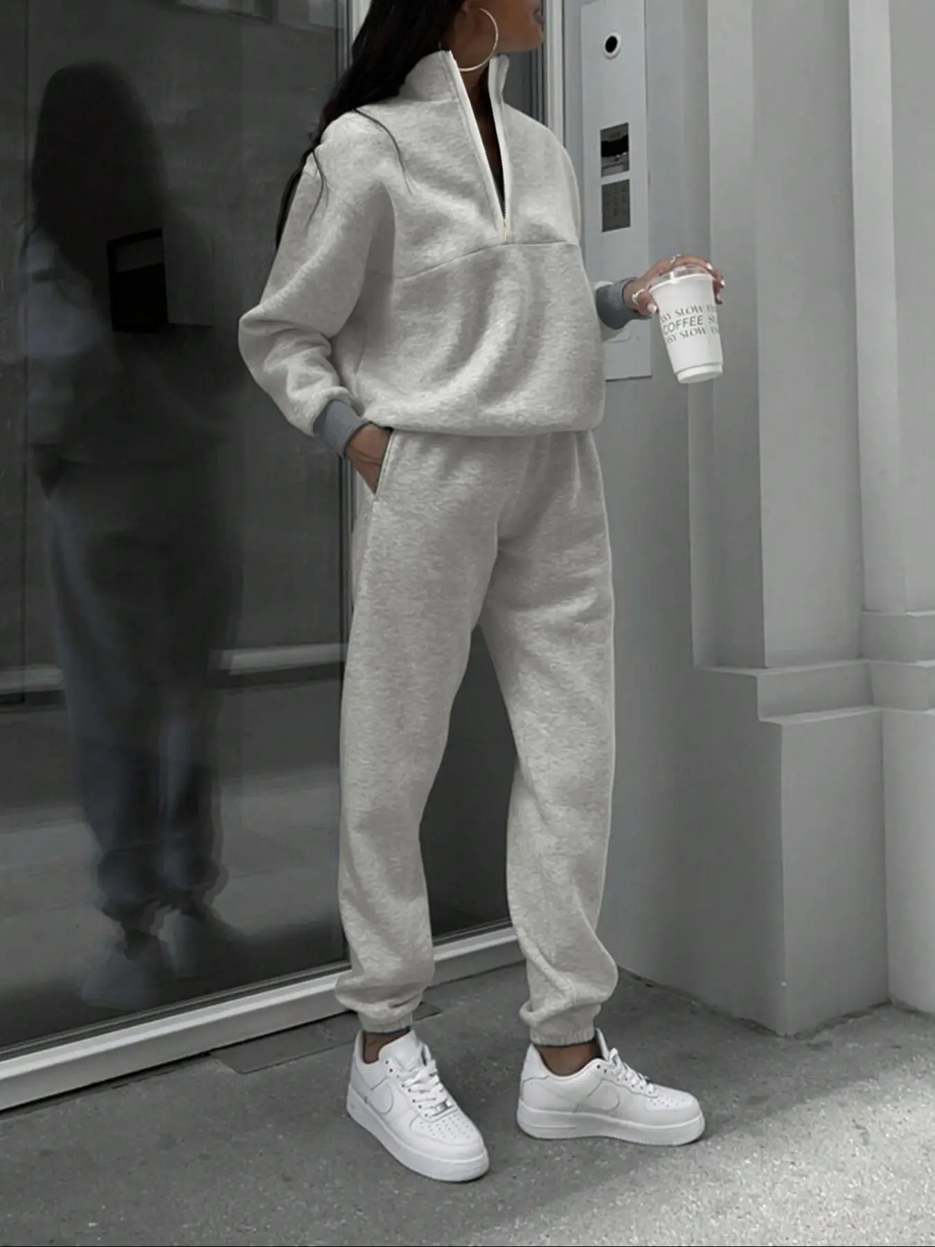 Women's Solid Drop Shoulder Zip Up Sweatshirt & Pocket Elastic Waist Pants Two-piece Set, Casual Fashion Cozy Breathable Two Piece Outfits for Daily Outdoor Wear, Women Clothes for Fall & Winter