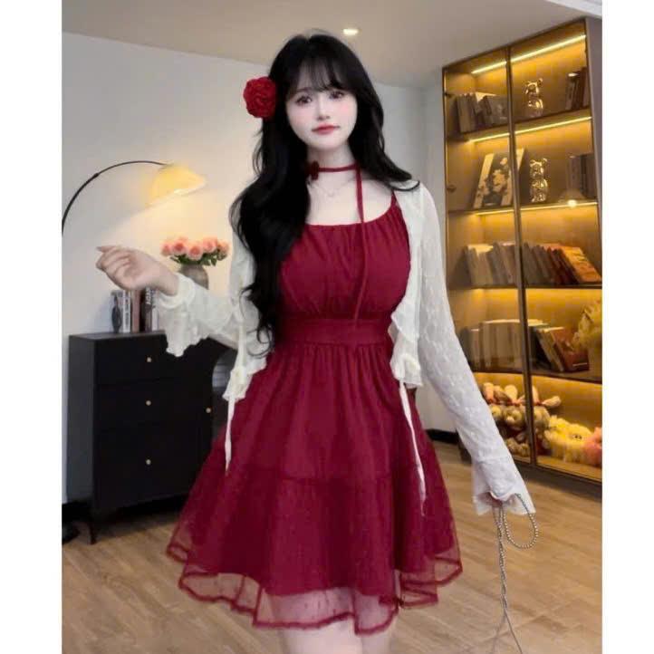 Váy hai dây cổ vuông dáng xòe sang chảnh có 2 màu đen đỏ kèm phụ kiện dây hình bướm_Có Bigsize