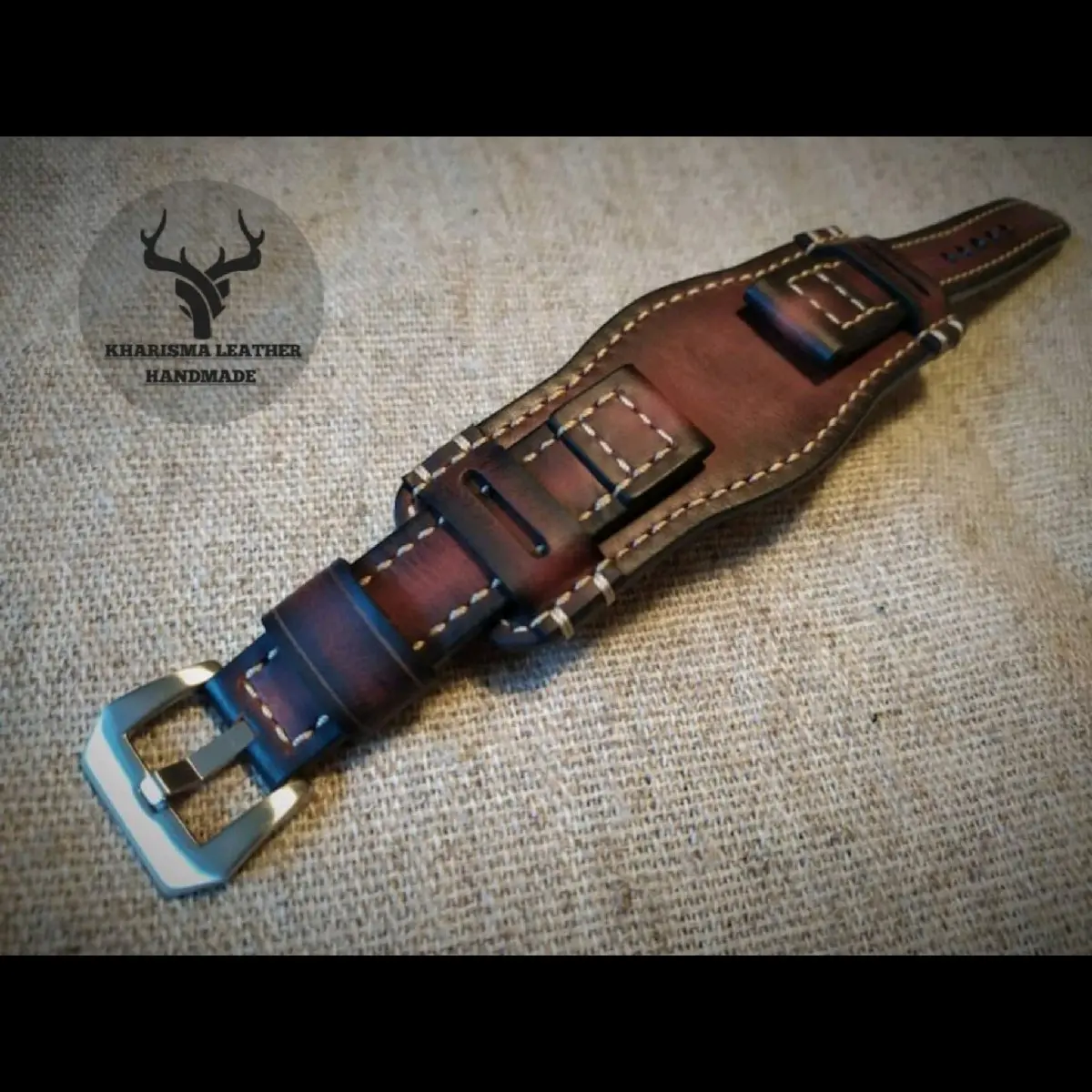 Leather bund watch strap/ handmade vintage style/ bund strap original Coklat Jam