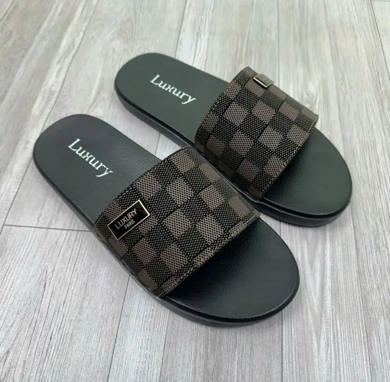 [ Khâu quai máy đế ] dép da nam quai ngang da sít sần logo luxury,đế cao su slipper 3