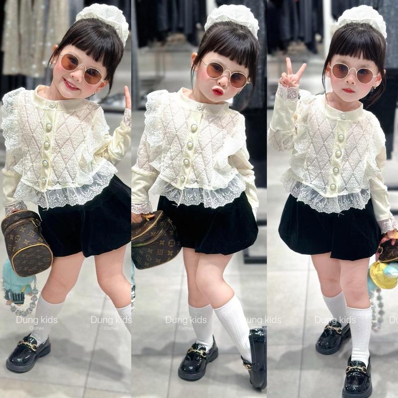 Dung Kids 01 - K17 Set Áo Bèo Ren Dài Tay Khuy Ngọc Kèm Quần Bí Phồng Điệu Đà Cho Bé Gái