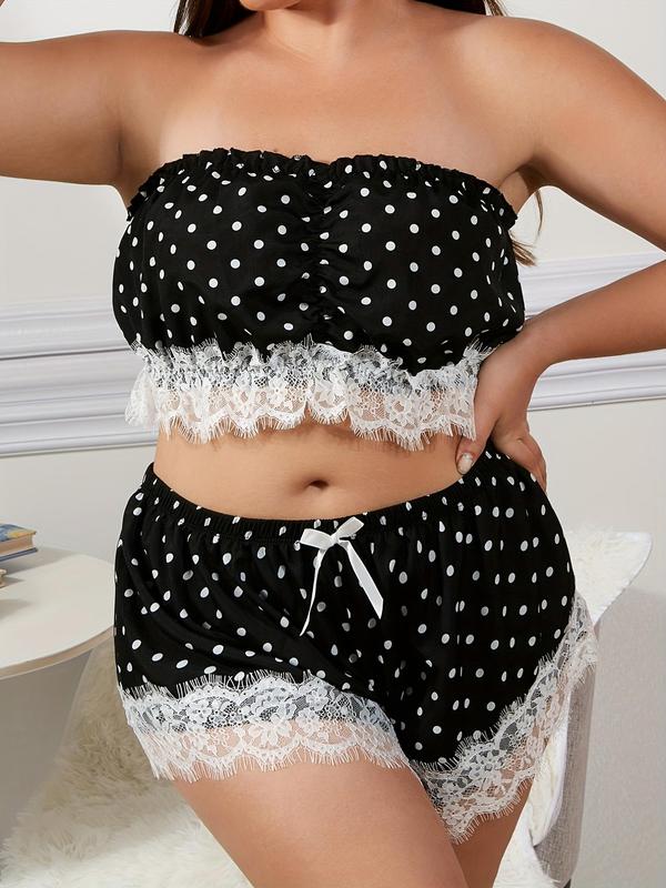 Plus Size Two-piece Set Polka Dot Print Contrast Lace Pyjama Set, Fashion Ruched Tube Top & Bow Front Shorts, Women's Two-piece Sleepwear Set for Summer 6