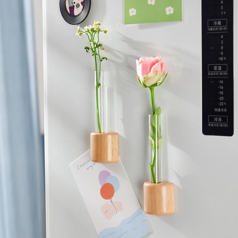 Household Refrigerator Magnet Test Tube Clear Vase with Wooden Base Space-Saving Transparent Hydroponic Vase Decoration Plastic Plants Flower Pot 1