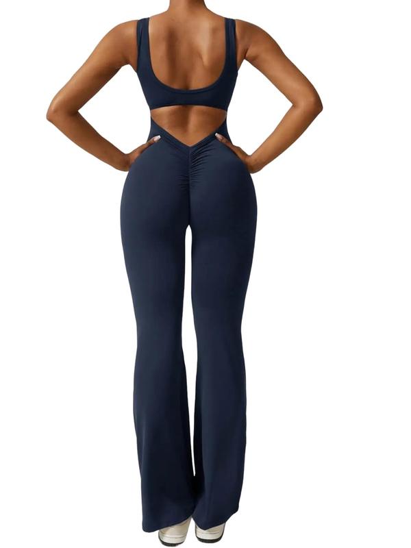 Women's Solid Cut Out Backless Ruched Tank Jumpsuit, Casual Fashion Scoop Neck Sleeveless Jumpsuit for Daily Outdoor Wear, Ladies Clothes for All Seasons 1