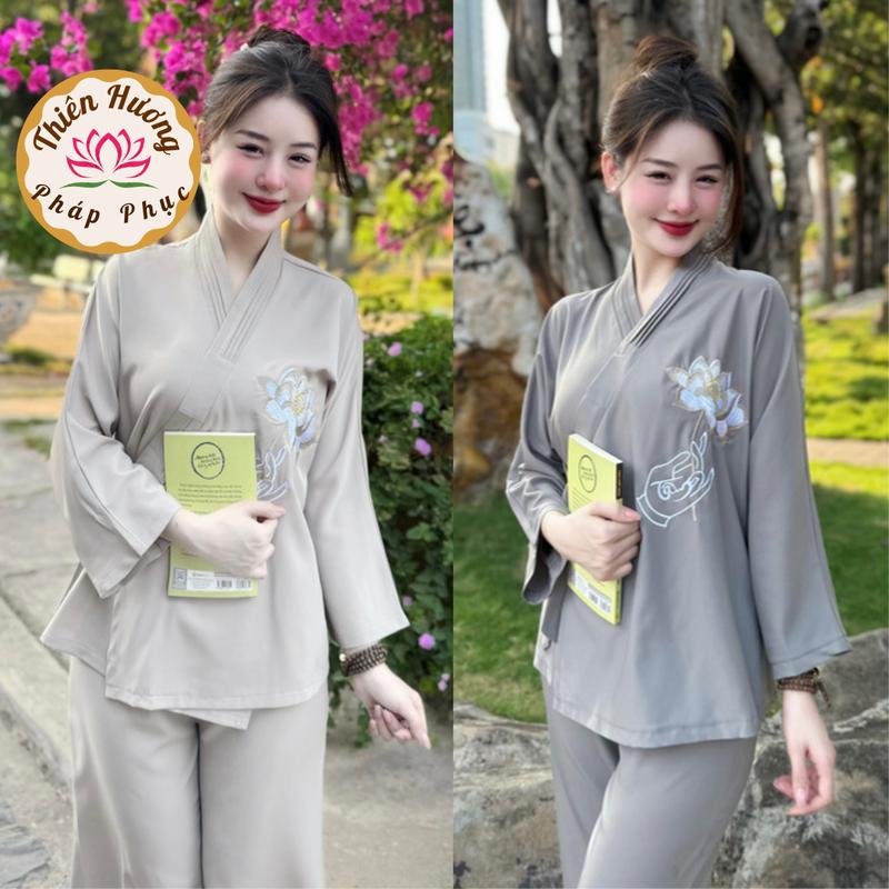 Bộ phật tử đi chùa thêu hoa sen chữ tâm Áo tràng phật tử nữ cổ vạt chéo thắt dây nơ Đồ lam bigsize Thanh lịch