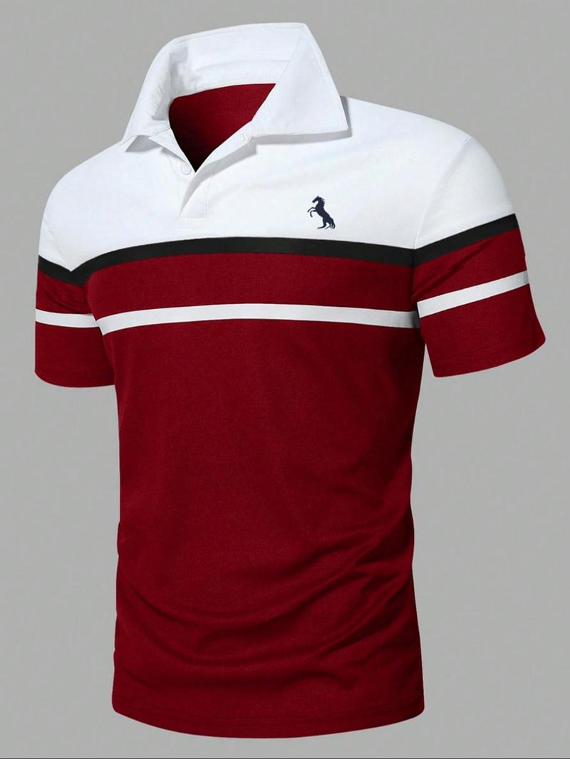 Product Introduction of Men's Horse Print Contrast Collar Polo Shirt, Regular Fit Casual Short Sleeve Top for Summer, Fashion Men's Clothes for Daily Wear, Tropical 5