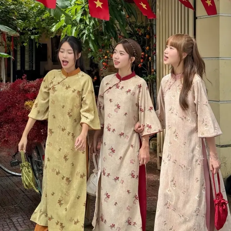 [ SẴN HÀNG ] Áo dài cách tân Tử Kì nhung chéo - Áo dài Saam 5