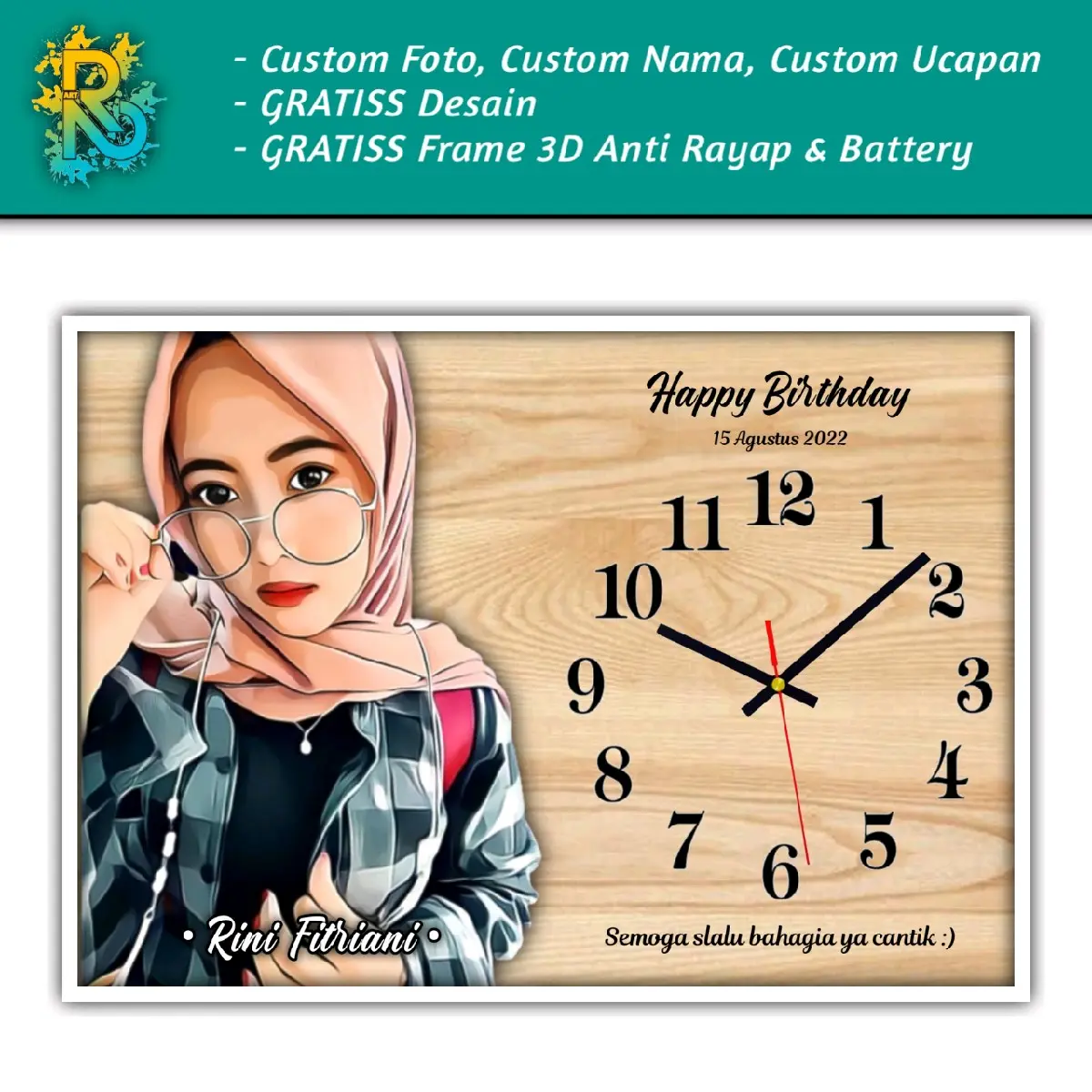 Jam Dinding Custom Foto Hadiah Kado Unik Ukuran ( 30 X 20 cm ) Free Frame