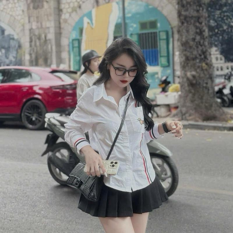 Áo sơ mi thome thanh lịch cho nàng Top Nữ Women Nhung Shirt Tim Cổ Tròn 7