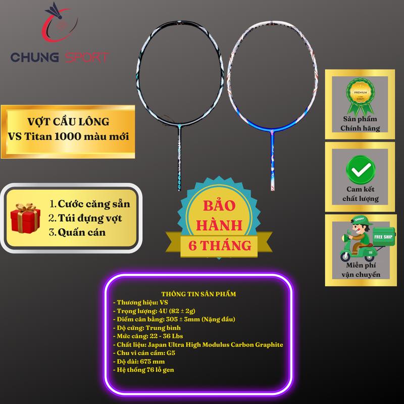 Vợt cầu lông VS titan 1000 màu mới căng max 36 lbs tặng kèm quấn cán túi đựng vợt và căng sẵn theo yêu cầu