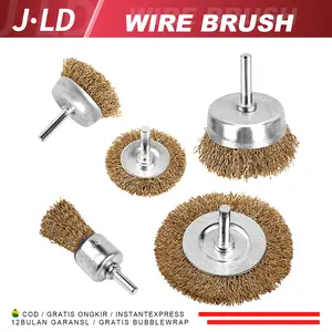 JLD Wire Brush set 5pcs Sikat Endbrush Mata Bor Brush Sikat Mangkok Gepeng 3pc Wire Brush Sikat Tangkai Bor Sikat Kawat Baja Bulu Kuningan End Brush Crimped Wire Shank Bor Pembesih Karat Besi