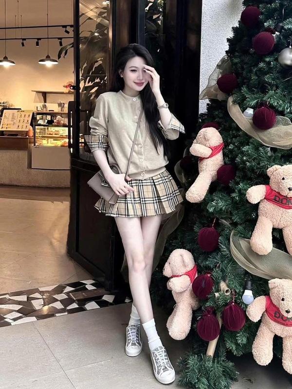 Bộ Set Áo Len Candigan Lông Thỏ Phối Chân Váy Kẻ Caro Cho Nữ - Women Top setvayda đồ  bay set  váy set đồ đi đà lạt boni 2
