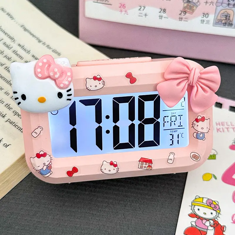 Cute Hello Kitty Alarm Clock Anime Sanrio Noctilucent Alarms Clocks Cartoon Kawaii Dormitory Clocks Desktop Decoration Kids Gift