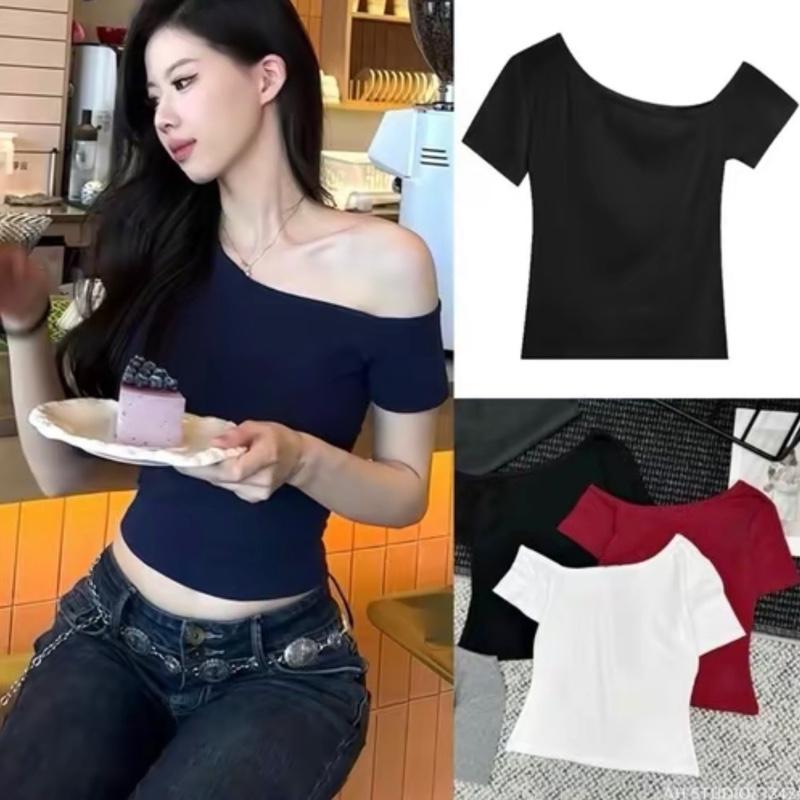 Áo thun lệch hở vai tay dài  và ngắn chất thun gân tăm co dãn Women tôn dáng