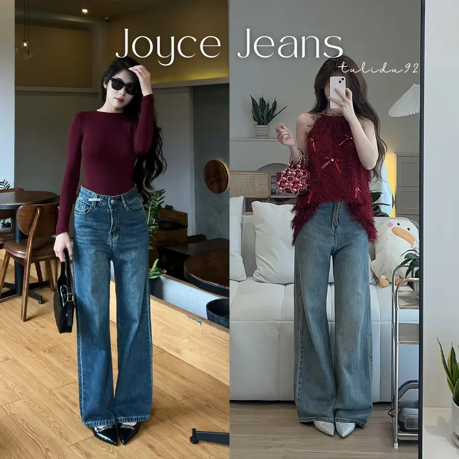 Quần Jean Ống Rộng "Joyce Jeans" TULIDU Mặc 2 Kiểu Cạp Cao/Cạp Thấp Màu Xanh Cát Retro Chất Mềm Mịn Cotton Cao Cấp