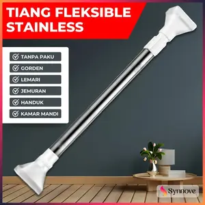 Tiang Gantungan Baju Kamar Mandi Stainless Steel Teleskopik Gantungan Baju Tanpa Paku Multifungsi Tiang Gorden Fleksibel Tiang Jemuran Tempel Dinding