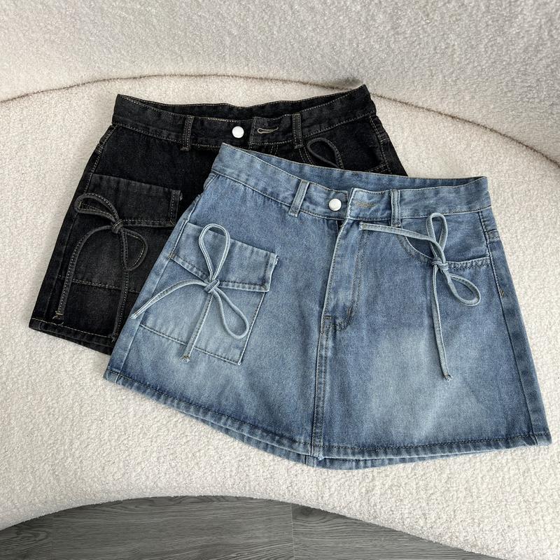  Chân váy jean bò ngắn dáng chữ A Bigsize nữ  basic cách điệu cột nơ xinh xắn có túi chéo - CV403 