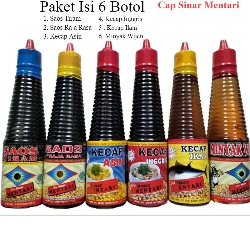 Paket Isi 6 Botol Cap Sinar Mentari 150 Ml - Minyak Wijen, Raja Rasa, Saos Tiram, Kecap Asin, Kecap Inggris, Kecap Ikan 0