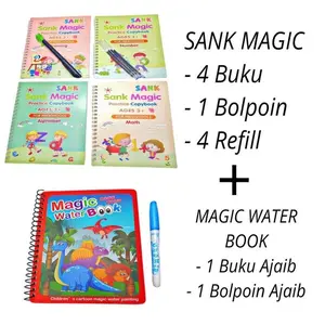 PAKET LENGKAP 5 BUKU AJAIB + 5 BOLPOIN REFILL / BUKU SANK MAGIC + MAGIC BOOK WATER / BUKU EDUKASI ANAK / BUKU GAMBAR ANAK MENULIS Belajar Alat Pen Stationery Tinta