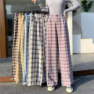 Celana Tartan Wanita Panjang Kulot Kotak-Kotak Casual Kancing Depan 1099 6
