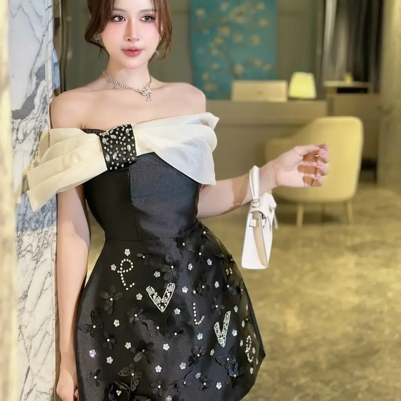 Váy thiết kế- váy taffta trễ vai phối tơ đính đá hoạ tiết khâu thủ công dáng A nữ dáng ngắn Women 3