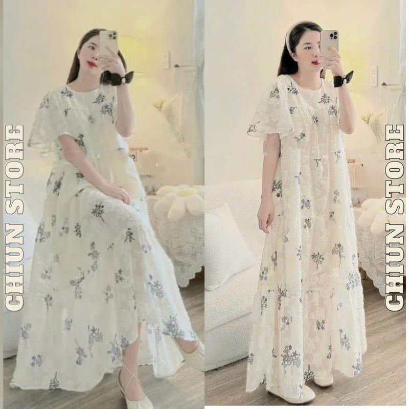 Váy Bầu Đầm Bầu Dự Tiệc Tơ Hoa 2 Lớp Màu Kem Dáng Dài Mùa Hè Cộc Tay M860 Chiunstore Nữ Women Ren Dress nhí