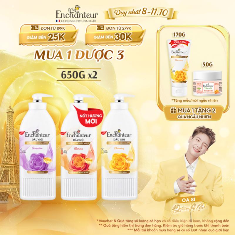 Combo 2 Dầu Gội Enchanteur 650g Thơm Hương Nước Hoa với Keratin, Dầu Hạnh Nhân, B5 x2 Phục Hồi Hư Tổn và Óng Ả, Không gàu bết ngứa Charming /Sensation