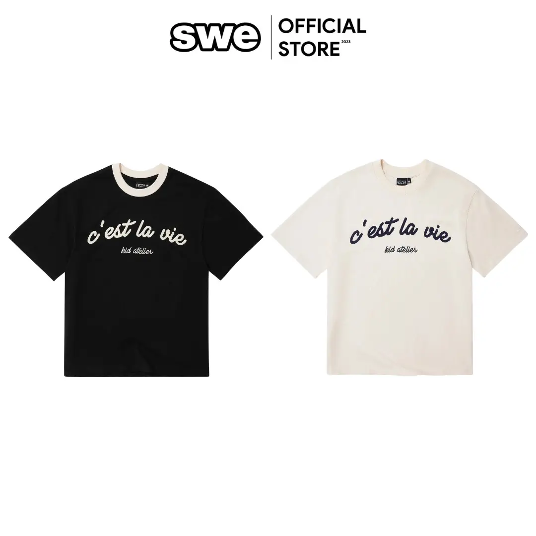 Áo Thun Chữ Thêu Oversize Unisex Local Brand SWE LIFE TEE - Kem/Đen
