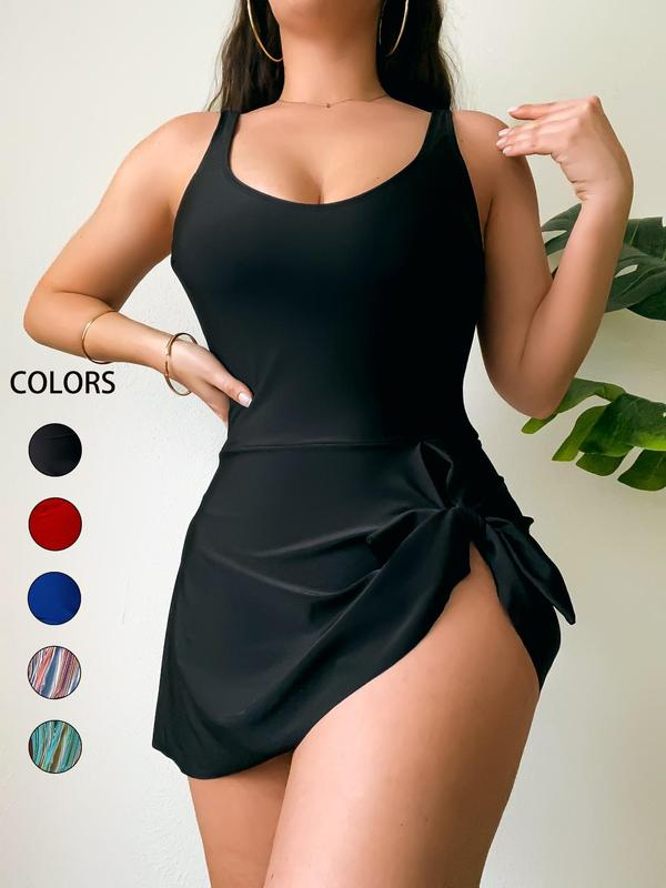 Christmas Gift Women's 2024 Solid Asymmetrical Ruched Knot Design Tank Swimsuit, Beach Adjustable Strap Sleeveless One-piece Swimwear for Beach Holiday Vacation, Chic Ladies Summer Clothes, Curve Swimwear UK 0